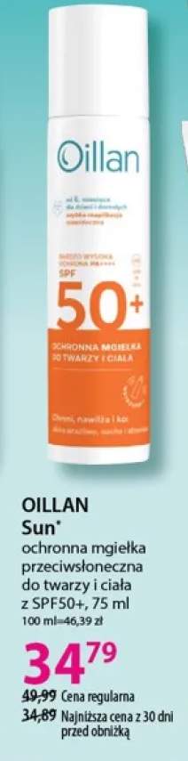 Mgiełka ochronna przeciwsłoneczna do twarzy i ciała Oillan Sun SPF50+